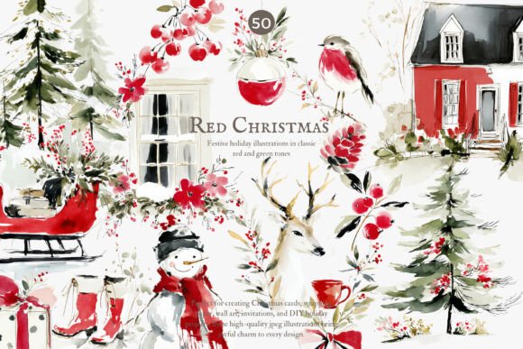 Download Festive Red Christmas Watercolor Clipart - Festive Collection